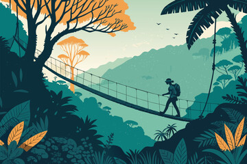Person with backpack crosses a suspension bridge in a lush jungle environment.