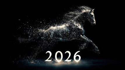 Black horse made of sparkles with glowing 2026 typography on dark background, modern zodiac concept
