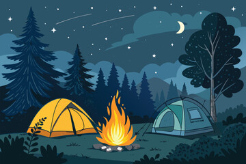 A peaceful night camping scene with tents and a campfire.