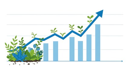 Blue bar graph with an upward trend line, foliage growing from the base