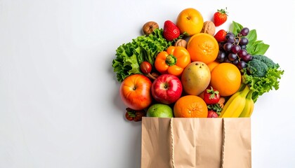 Fresh Assortment of Fruits and Vegetables Overflowing from a Brown Paper Bag.
