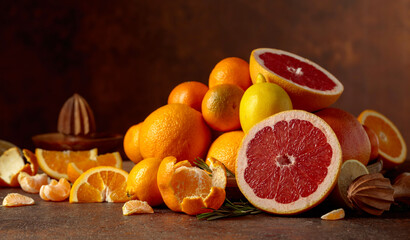 Citrus fruits on a old brown table.