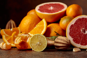 Citrus fruits on a brown table.