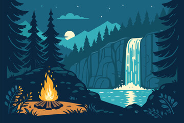 A serene nighttime forest scene with a campfire and waterfall.