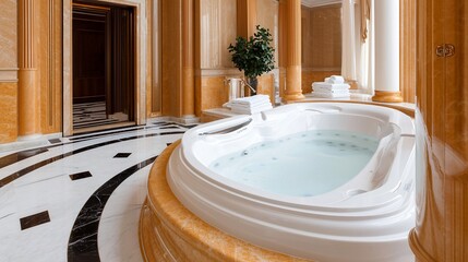 Luxurious Bathroom with Whirlpool Tub Marble Columns and Elegant Design.
