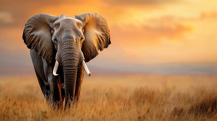 Majestic Elephant Portrait Golden Hour in African Savannah Dramatic Lighting.