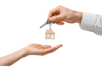 Handing over keys to new home, property ownership, real estate deal, housewarming, dream house, investment, happy buyer, closing sale.