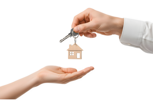 Handing over keys to new home, property ownership, real estate deal, housewarming, dream house, investment, happy buyer, closing sale.