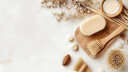 Minimalist Spa Still Life Soap Brushes and Natural Elements on White Textured Surface.
