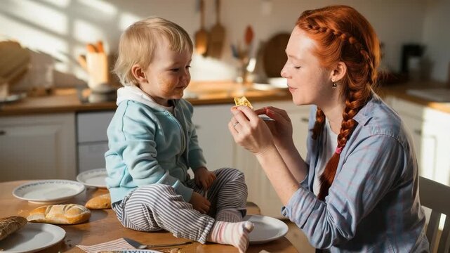 Mother feeding toddler food at kitchen table with sunlight