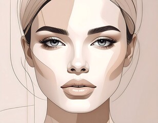 A stylized, digital illustration showcasing a woman's face in neutral tones. The eyes are large and striking. The contours are subtle