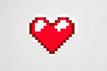 Obraz premium Pixel art heart shape in vibrant red and white colors with clear edges, showcasing a retro design that evokes nostalgia and love in digital art