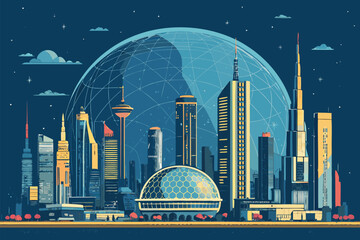 A futuristic city skyline under a large, glowing globe at night.