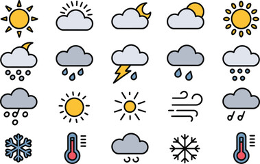 Collection of diverse weather icons including sun clouds rain snow wind and thermometer symbols
