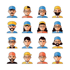 A diverse collection of cartoon character portraits and user profile avatars with hats and glasses.