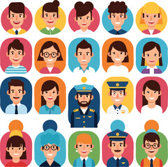 A diverse collection of colorful cartoon character avatars and portraits in a flat design style.