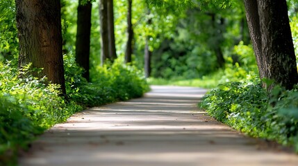 Serene Forest Path Wooden Walkway Through Lush Greenery Sunlight Filtering Through Trees.