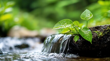 Serene Waterfall Scene with Vibrant Green Leaves and Sparkling Water Droplets.