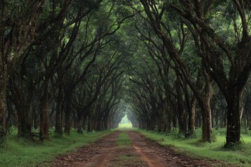 Fototapeta premium Serene Sunday Drive: Emptiness of a Tranquil Road Through Exotic Rubber Tree Plantation