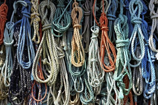 Ropes fished out of the sea by beachcombers, Maritime and Beachcomber Museum Flora, the world's largest museum of flotsam and jetsam, De Koog, Holland, Netherlands