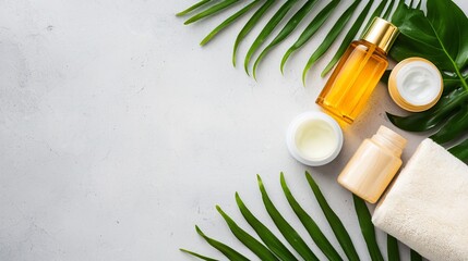 Spa Day Still Life Golden Oil Cream Jars Towel and Tropical Greenery on Textured Gray Surface.