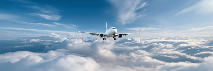 Wide angle shot of a passenger plane flying above the clouds and a clear sky, shot in high resolution.