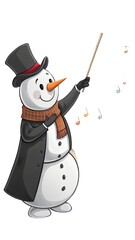 Snowman conducting music with a cheerful expression on a transparent background