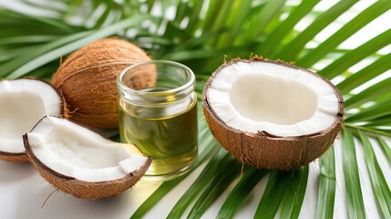Tropical Still Life Coconut Oil Fruit and Palm Leaves.