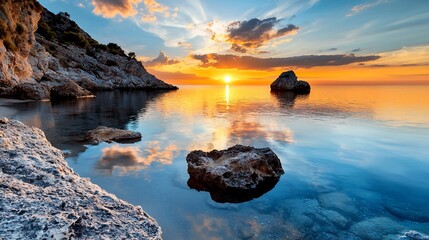 Tranquil Mediterranean Sunset Golden Reflections on Calm Waters and Rocky Coastline.