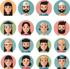 A diverse collection of flat design character avatars representing various people and professions.