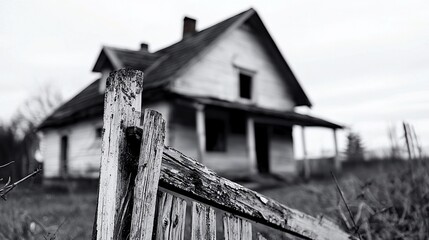 Weathered Fence and Abandoned Farmhouse in Monochrome Rural Decay.