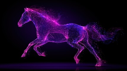 Fototapeta premium Particle horse made of glowing particles — purple & pink neon for presentation backgrounds, wallpapers and motion graphics