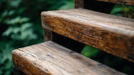 Weathered Wooden Steps Ascending into Lush Greenery Rustic Charm.