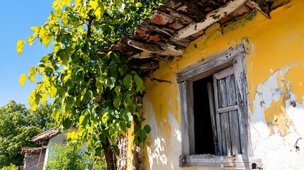 Weathered Yellow Wall with Open Window and Lush Green Foliage in Bright Sunlight.
