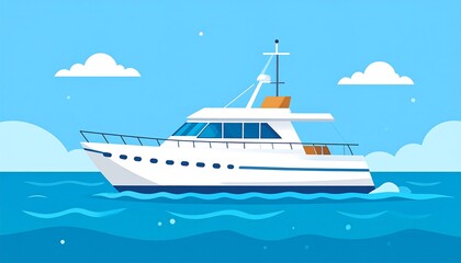 A stylized illustration of a white motor yacht gracefully sailing on a wavy turquoise ocean under a clear blue sky with fluffy white clouds