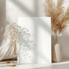Blank canvas stands elegantly between vases of dried flowers, casting soft shadows in warm sunlight
