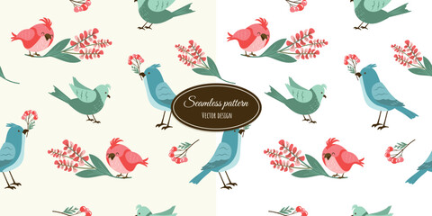 Delicate background and seamless pattern with cute, funny birds and flowers. Vector design for bedding, fabrics, wallpaper, wrapping paper, and more.