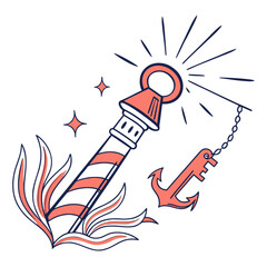 Illustration of a lighthouse with seaweed, stars, and a key-shaped anchor hanging from a chain design