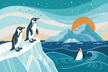 Three penguins are on an icy shore with mountains and the sun in the background.