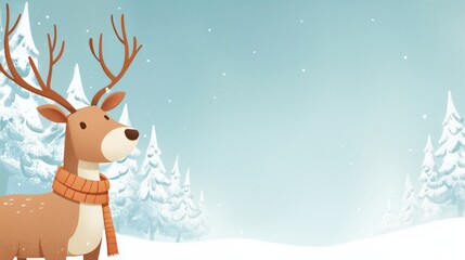 Cute winter deer illustration with snowy forest background