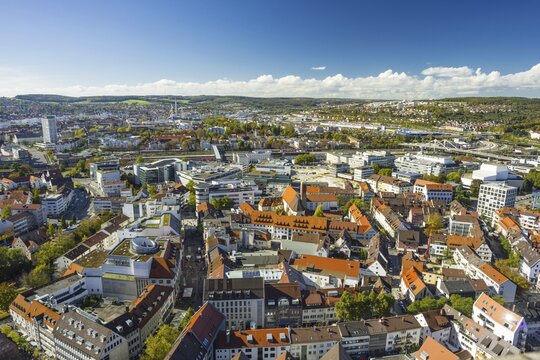 Panorama from Ulm Minster to the western city centre, main railway station, theatre, Ludwig Erhard Bridge, behind it IKEA and residential area Eselsberg, Ulm, Baden-W&uuml;rttemberg, Germany