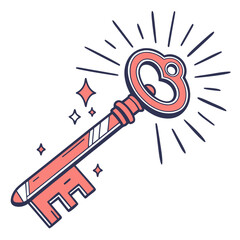 Illustration of a vintage style key with radiating lines and star shapes on a white background design