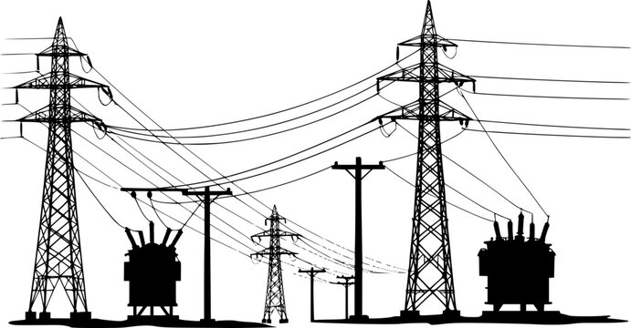 Collection of industrial electricity transmission tower and transformer silhouettes vector illustration isolated on white background
