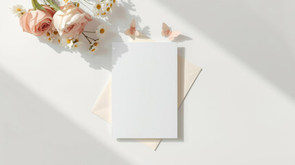 Blank card on beige envelope with pink roses and daisies, creating soft and elegant atmosphere