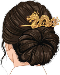 Illustration of a woman's dark brown hair styled in a bun, adorned with a golden dragon hair accessory.