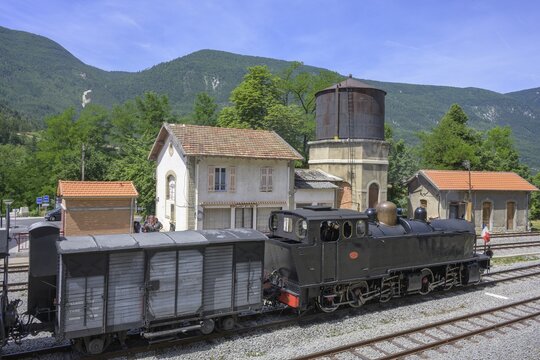 Historic train with steam locomotive at Annot station, Alpes-de-Haute-Provence, France