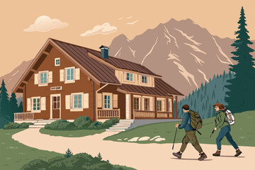 Two hikers approach a rustic mountain lodge nestled in a scenic landscape.