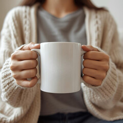 Person holding white mug with both hands, wearing cozy sweater, creates warm and inviting atmosphere