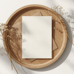 Blank card and envelope on wooden tray with dried flowers, casting soft shadows