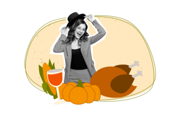 Composite photo collage of happy girl hold hat thanksgiving banquet pumpkin corn harvest autumn juice glass isolated on painted background